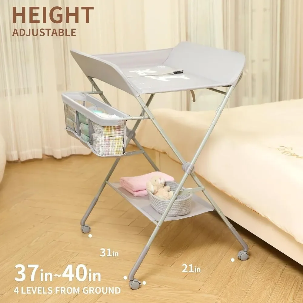 KARAOK Baby Changing Table w/ Wheels 4-Level Height Storage Grey Open Box